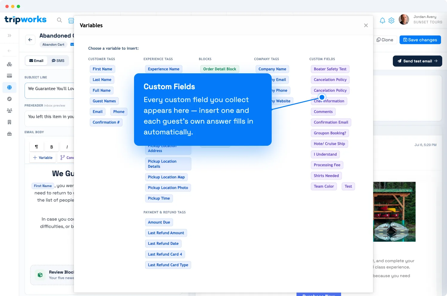 Add custom field answers to emails in TripWorks — the variables picker Custom Fields column of guest answers ready to insert into a template