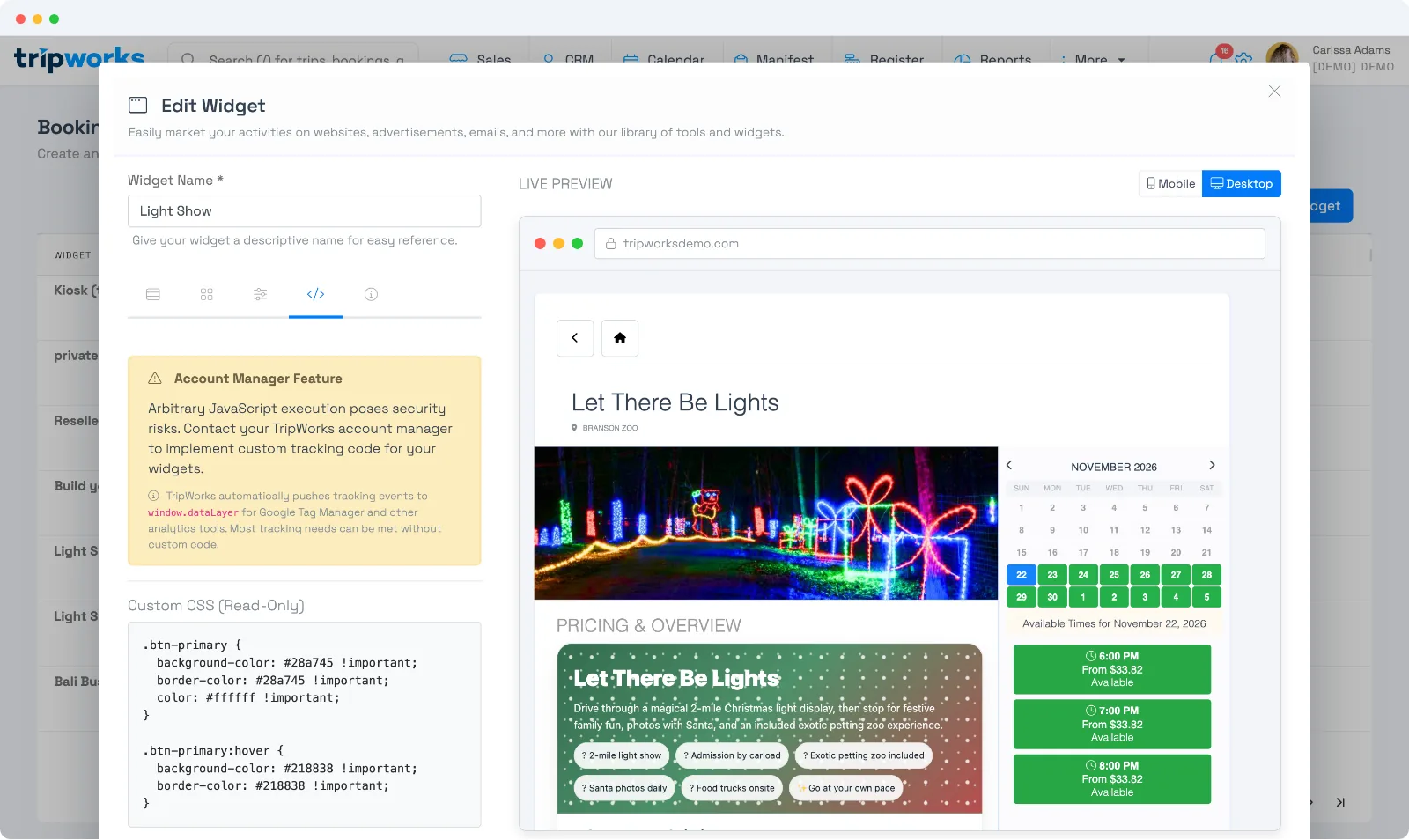 The widget builder's Code tab showing an Account Manager Feature notice, a note that TripWorks pushes tracking events to window.dataLayer, and a read-only Custom CSS block