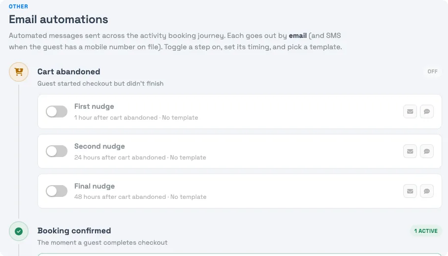 An activity's Email Automations tab, showing the Cart abandoned and Booking confirmed moments in a vertical timeline