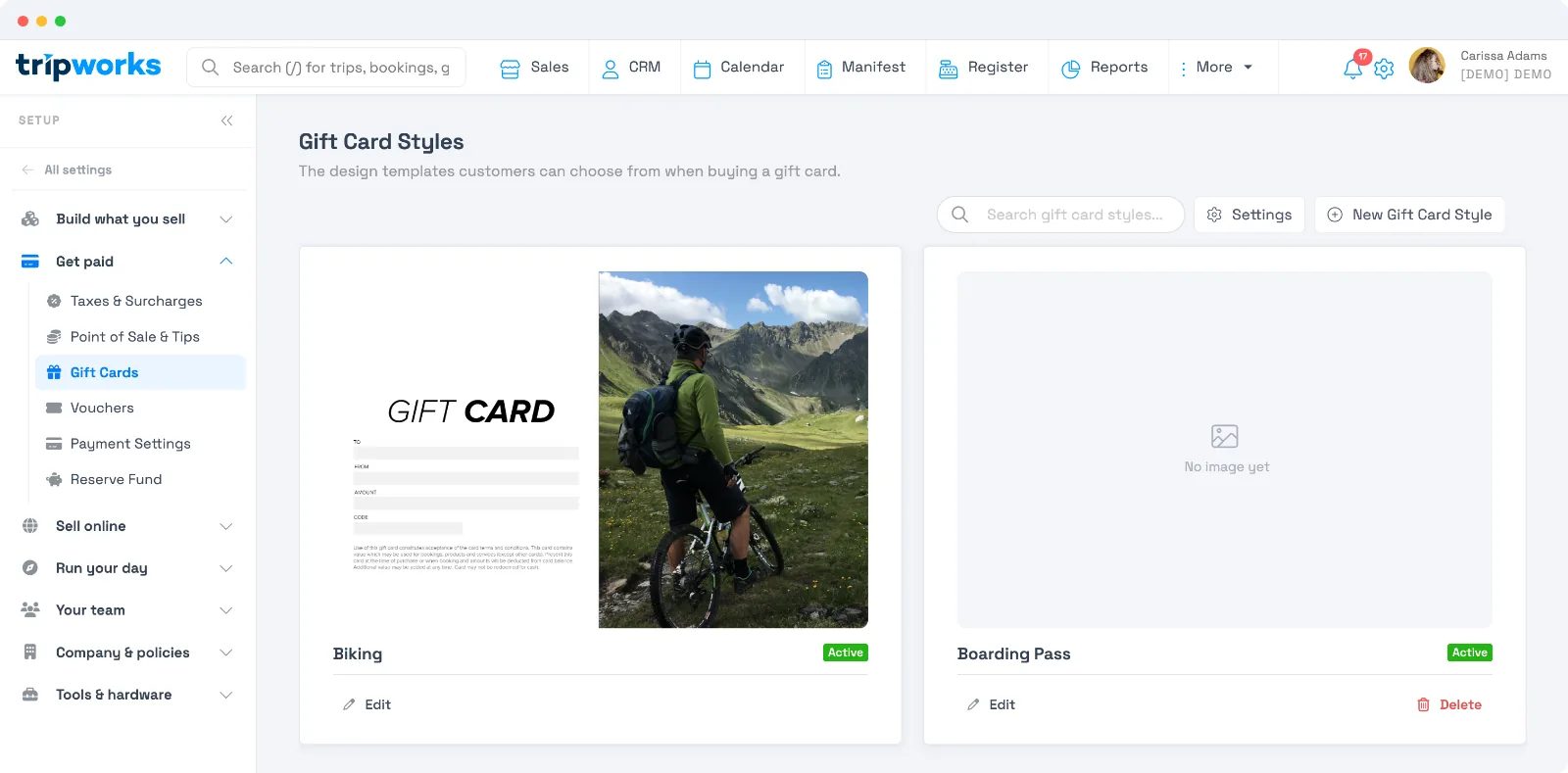 The Gift Card Styles screen in TripWorks, showing design templates like a Biking card, each marked Active with Edit options