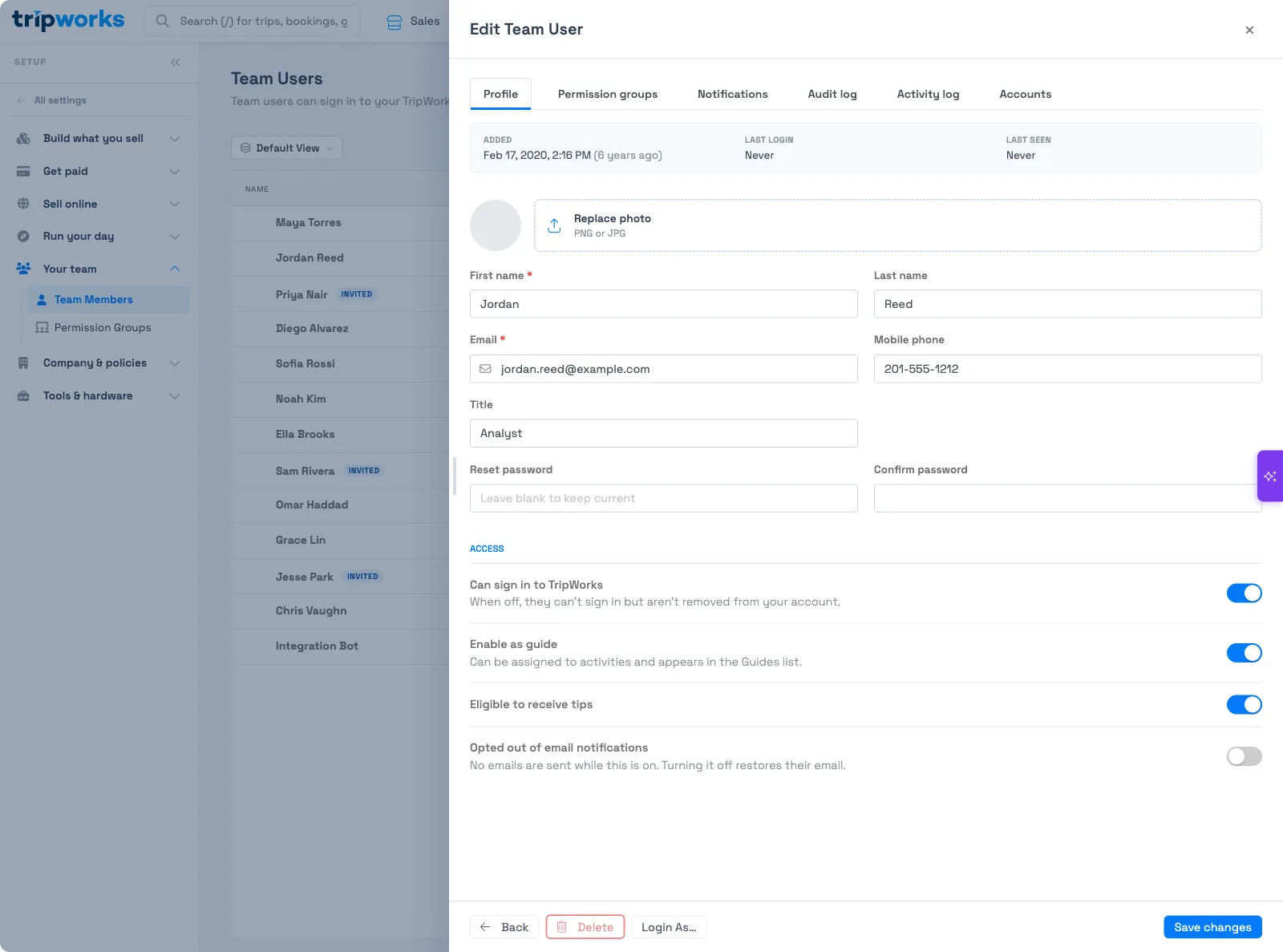 The Profile tab of a team member, with the Access section showing the Can sign in to TripWorks toggle