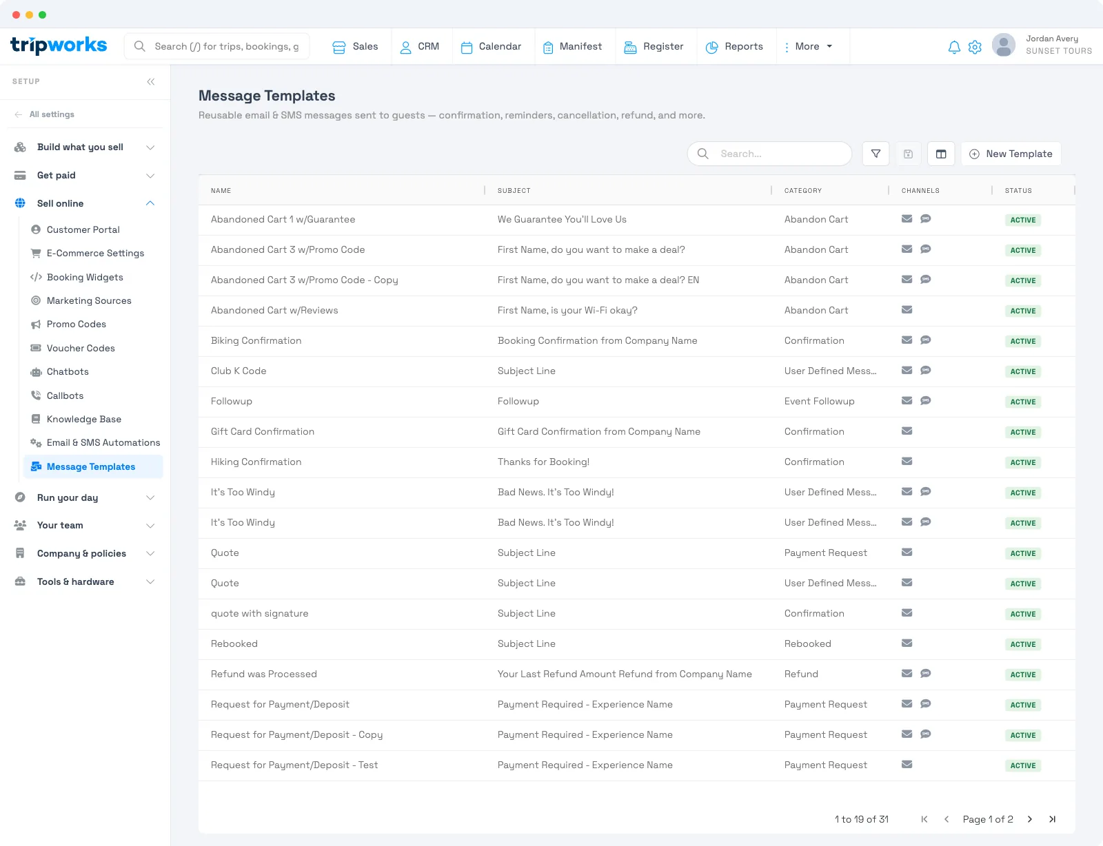 Email and SMS message templates in TripWorks — the Message Templates library listing templates with Name, Subject, Category, Channels, and Status columns