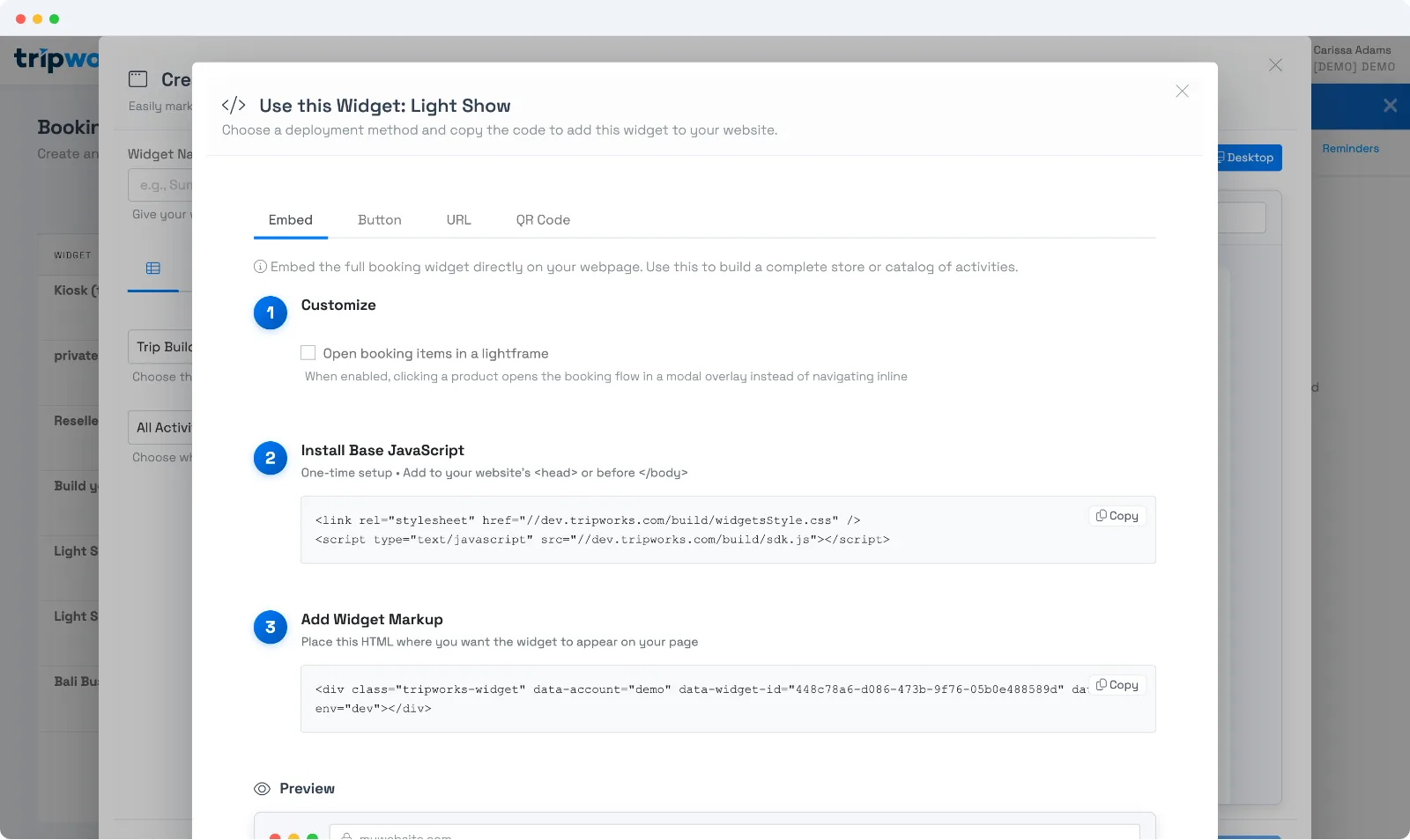 The Use this Widget install modal with Embed, Button, URL and QR Code tabs, an Open in a lightframe checkbox, the base JavaScript snippet, and the widget markup to paste