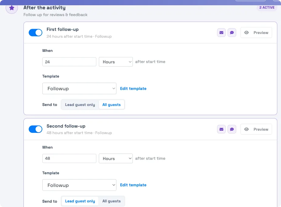 The Email Automations tab's 'After the activity' moment, with two follow-ups and a Lead guest only / All guests recipient choice