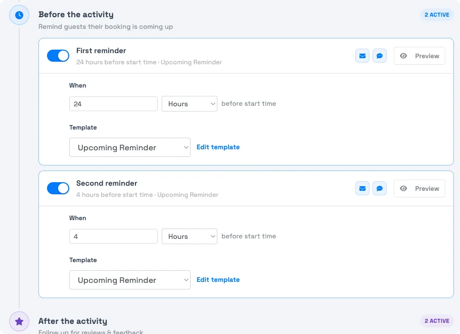 The Email Automations tab's 'Before the activity' moment, with a first and second reminder set to 24 and 4 hours before start