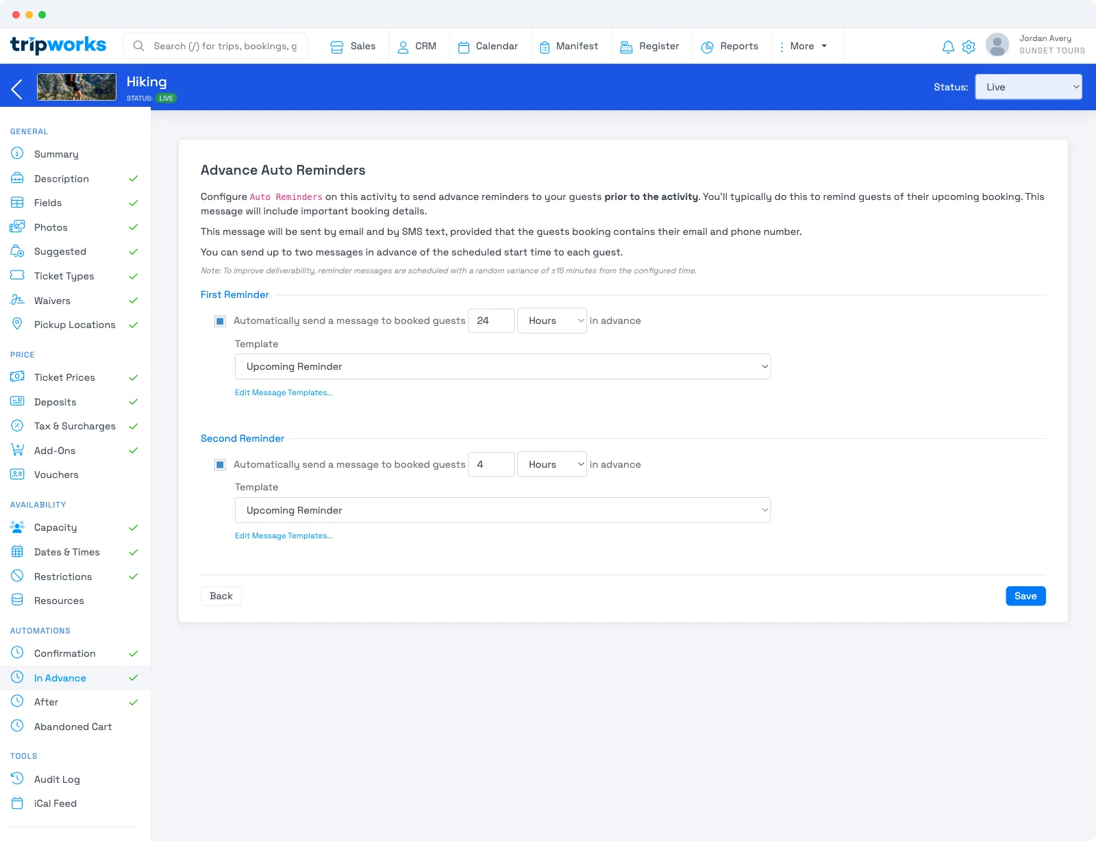 An activity's Email Automations with Confirmation, In Advance, After, and Abandoned Cart sections in the side nav