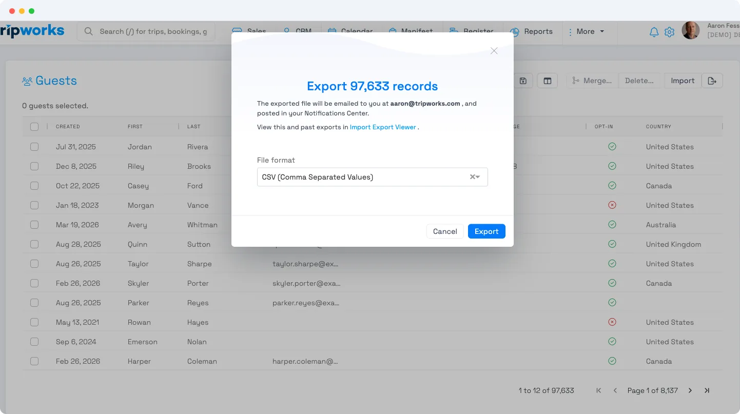 The Customers grid with the Export button highlighted in the toolbar and the export format modal open