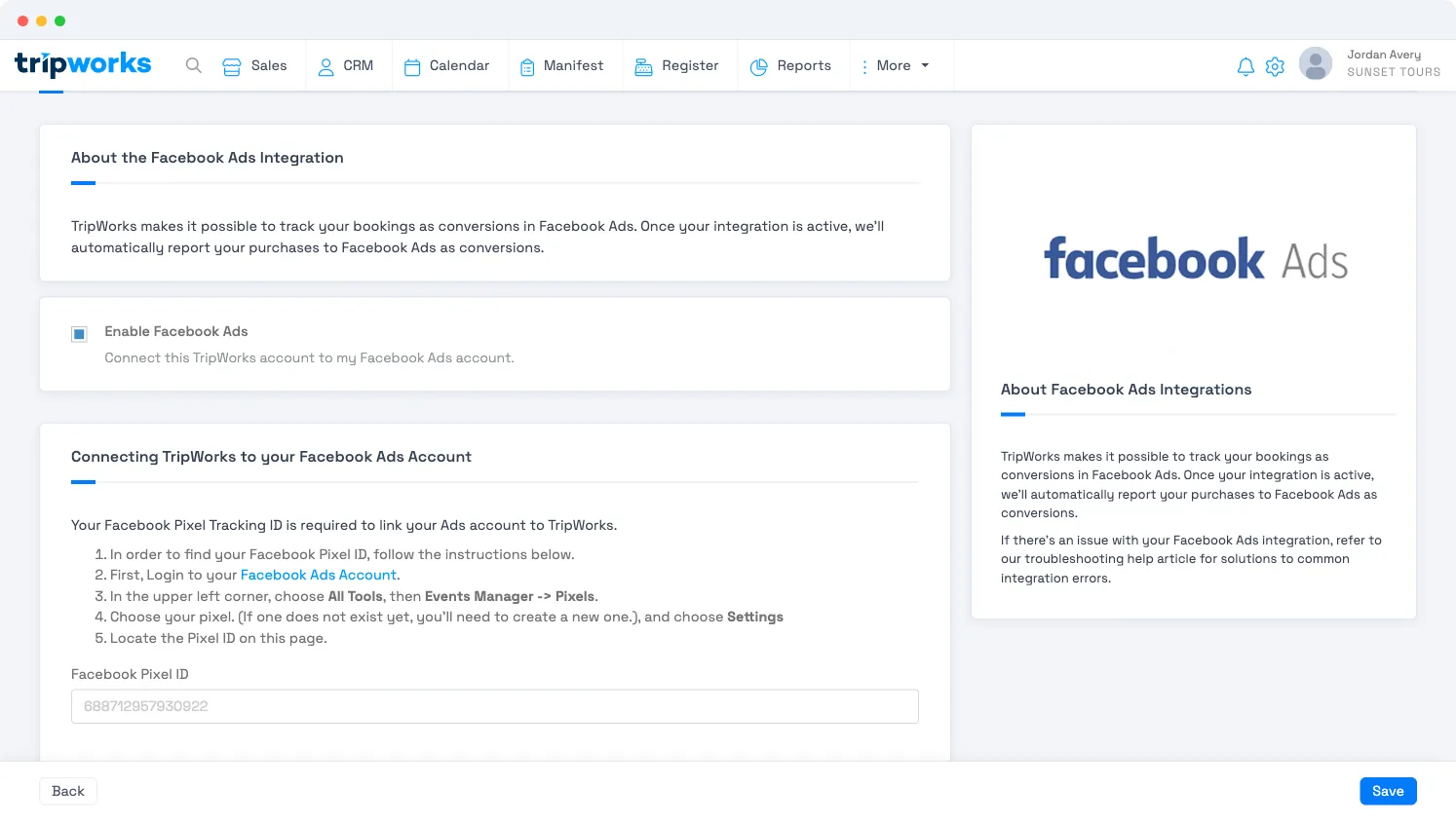 The TripWorks Facebook Ads integration screen with the Enable Facebook Ads toggle, the steps to find your Pixel ID, and the Facebook Pixel ID field