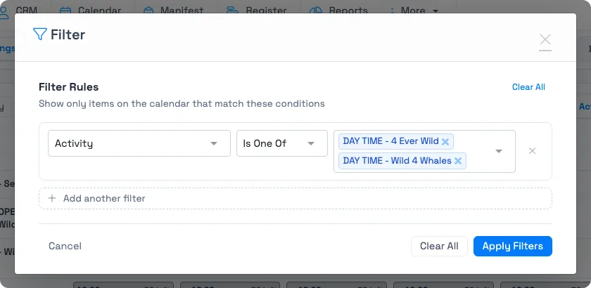 TripWorks Calendar Filter Rules window with an Activity Is One Of rule and two activities selected