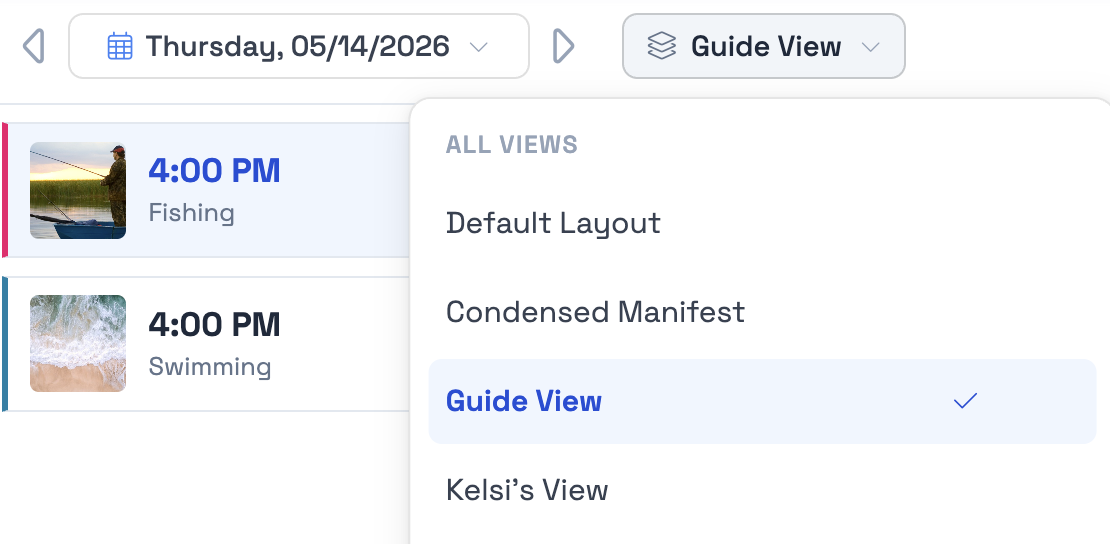 The views dropdown on a TripWorks list view, showing saved views to switch between The views dropdown on a TripWorks list view, showing saved views to switch between