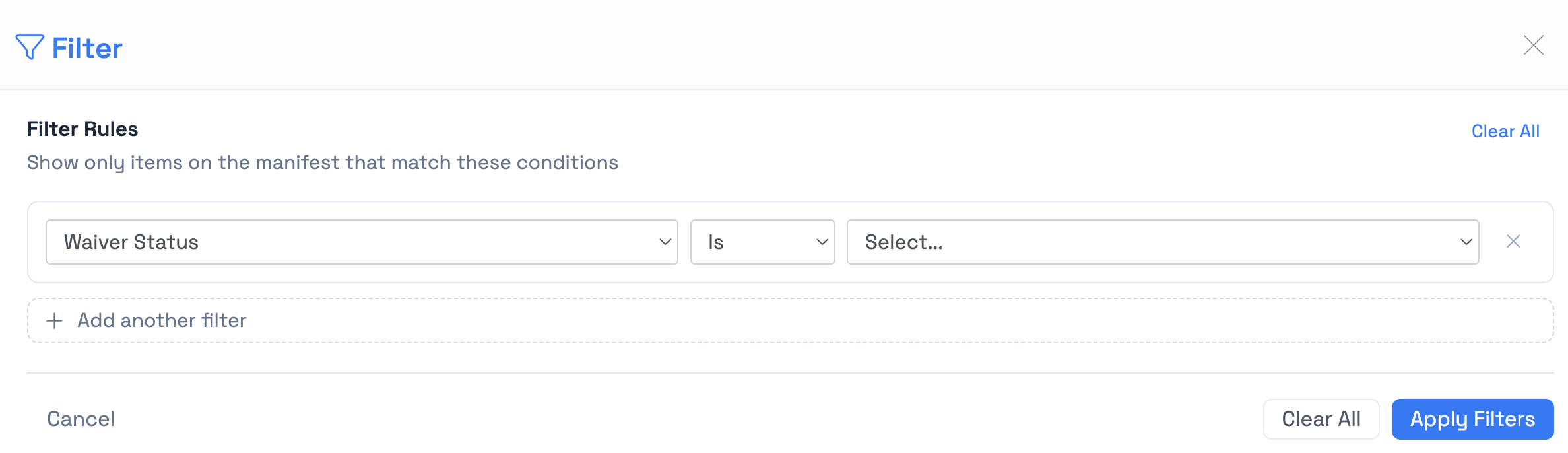 The filter panel open on a TripWorks list view, with filter conditions set and the views dropdown above it The filter panel open on a TripWorks list view, with filter conditions set and the views dropdown above it