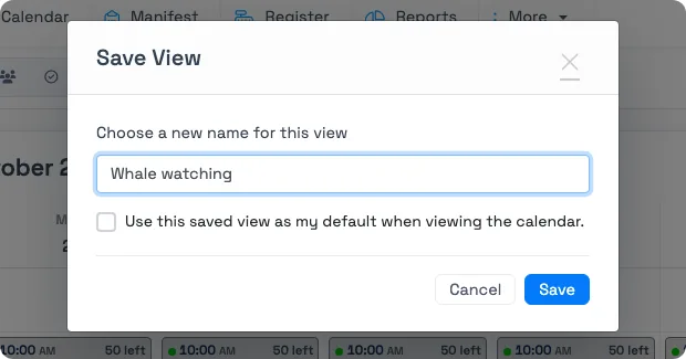 TripWorks Calendar Save View window with a view name and a checkbox to use it as your default calendar view