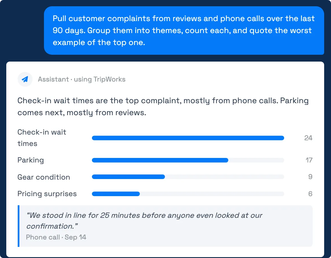 TripWorks AI assistant sample prompt asking for guest complaints from reviews and phone calls grouped into themes, with the answer showing four themes with counts and a quote from a phone call