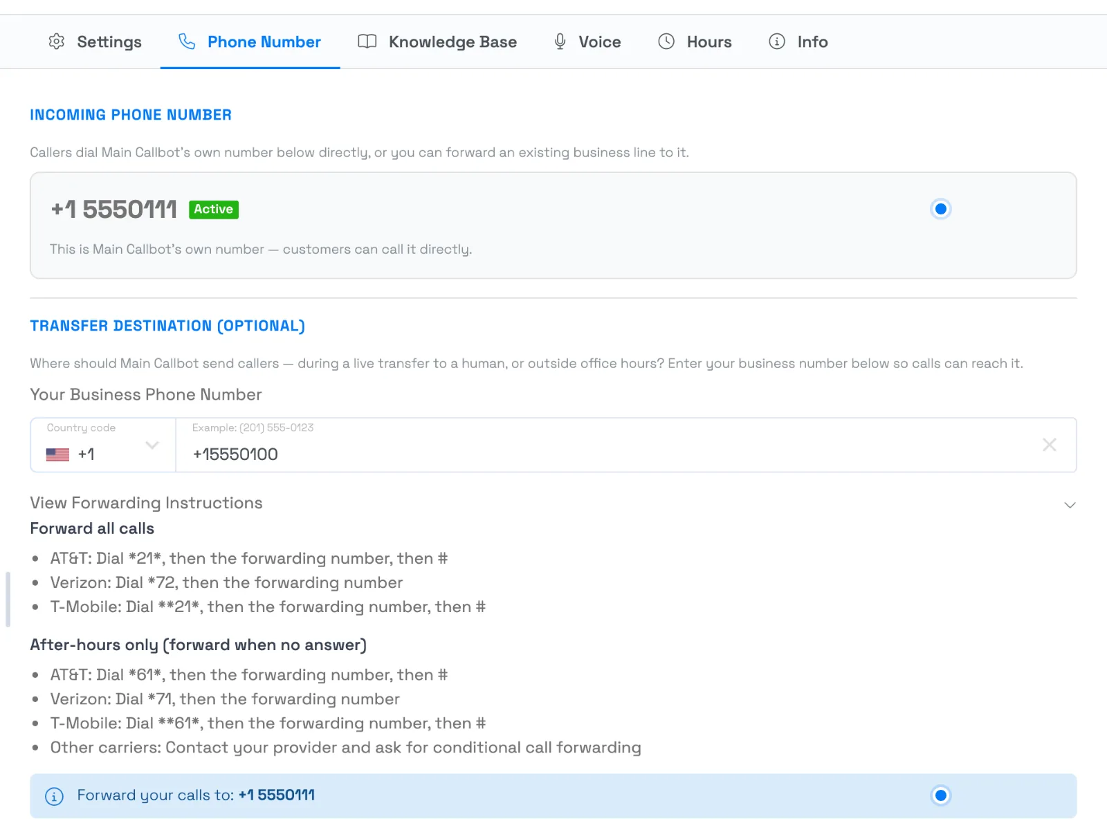 The Phone Number tab of the Configure CallBot panel, showing the callbot's incoming number with an Active badge and the View Forwarding Instructions section with carrier codes and a Forward your calls to line