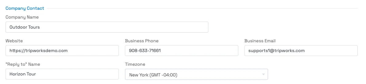 Setup General page showing the Company Contact section with the Company Name field