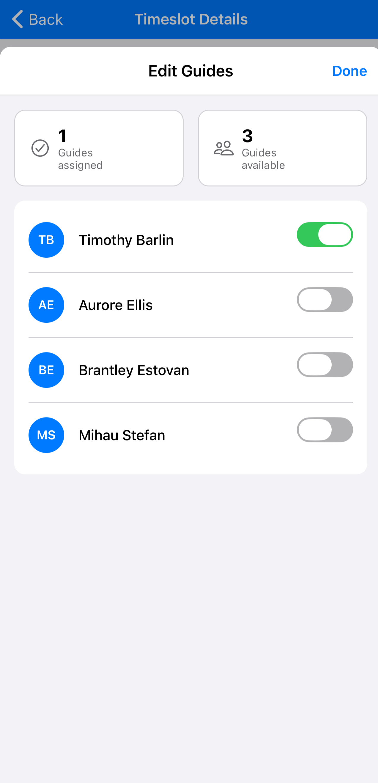 Assigning a guide to an activity from the TripWorks app calendar