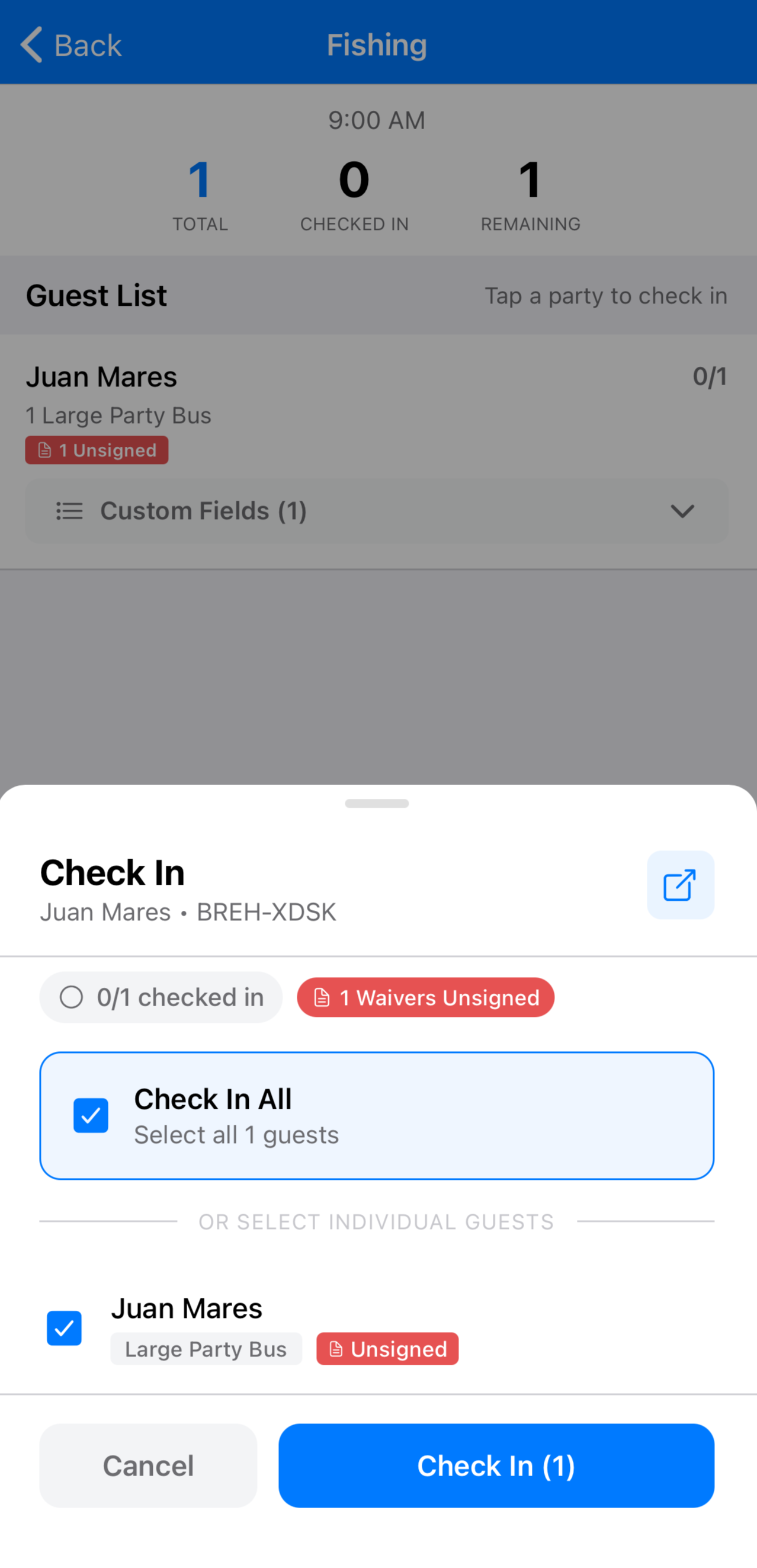 The TripWorks app manifest showing the guest list for a timeslot