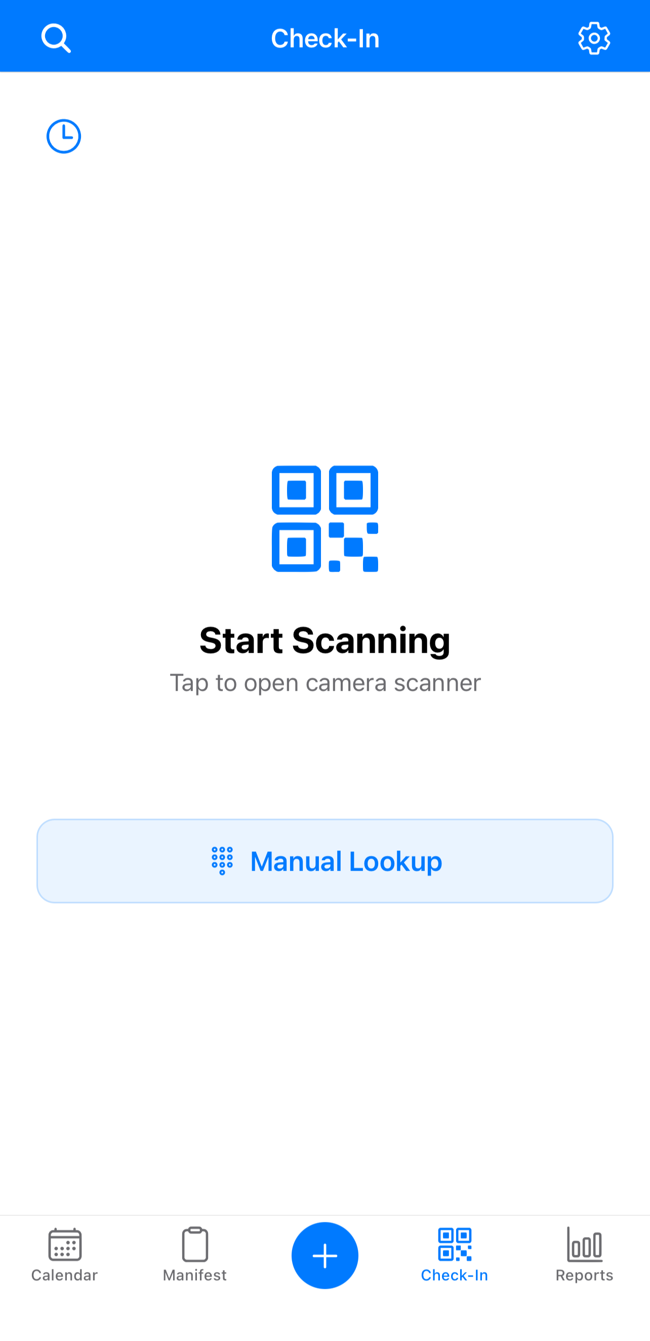 Quick check-in in the TripWorks app with scan and manual lookup options
