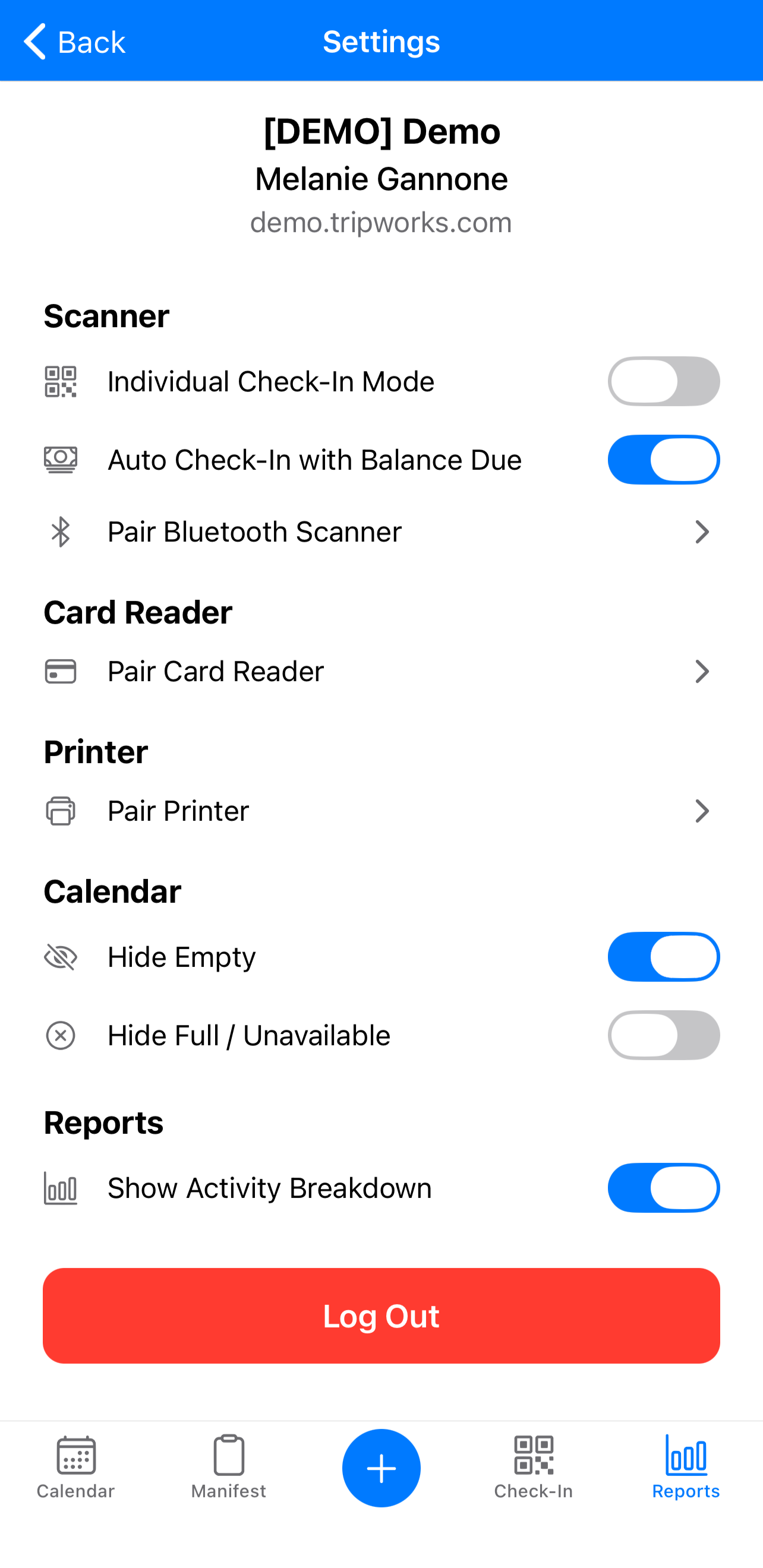 The TripWorks app settings screen with check-in, hardware, calendar, and report options