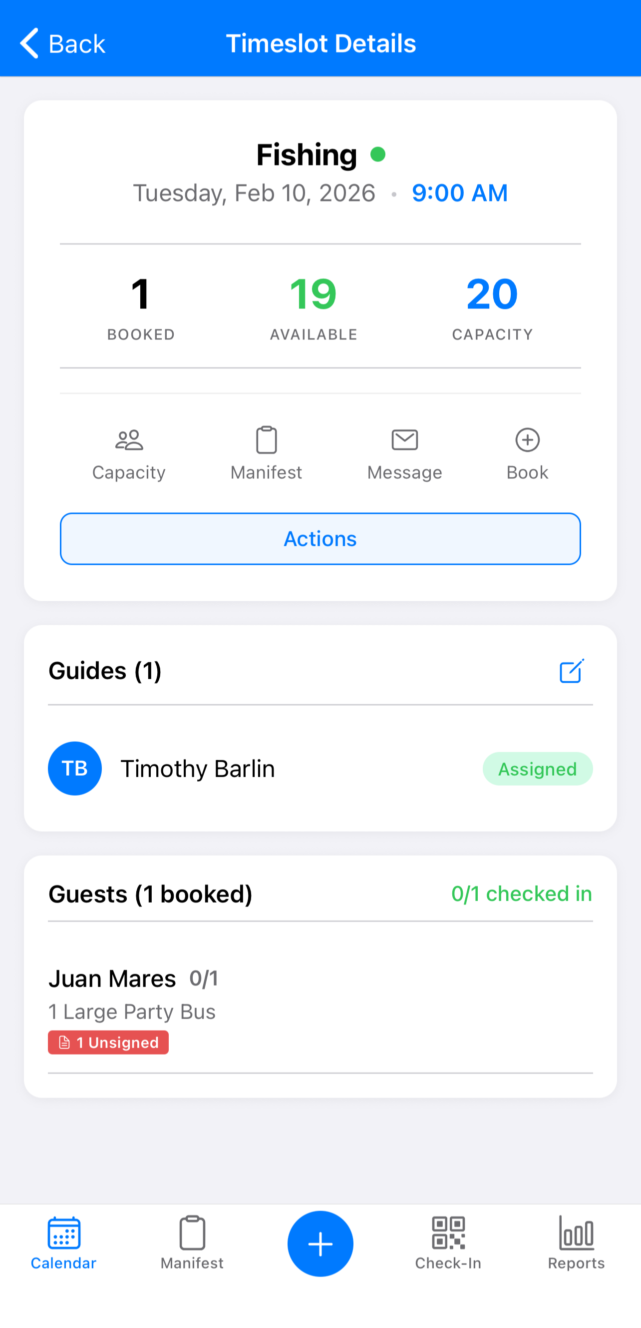 A day's activities in the TripWorks app, each card showing guests booked and capacity