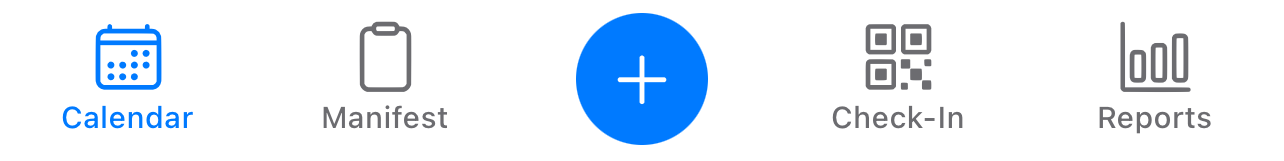 The TripWorks app bottom navigation bar with Calendar, Manifest, the central plus button, Check-In, and Reports