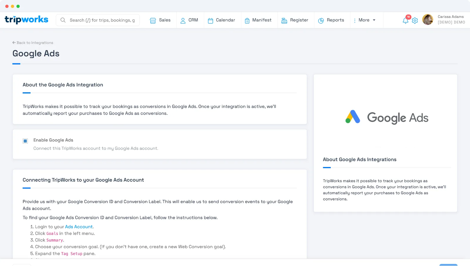 The Google Ads integration screen in TripWorks with an Enable Google Ads toggle and instructions for entering your Conversion ID and Conversion Label