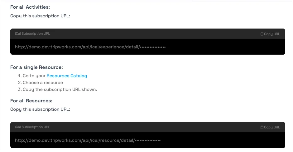 The Google Calendar / iCal integration page showing copy-ready subscription URLs for all activities and all resources