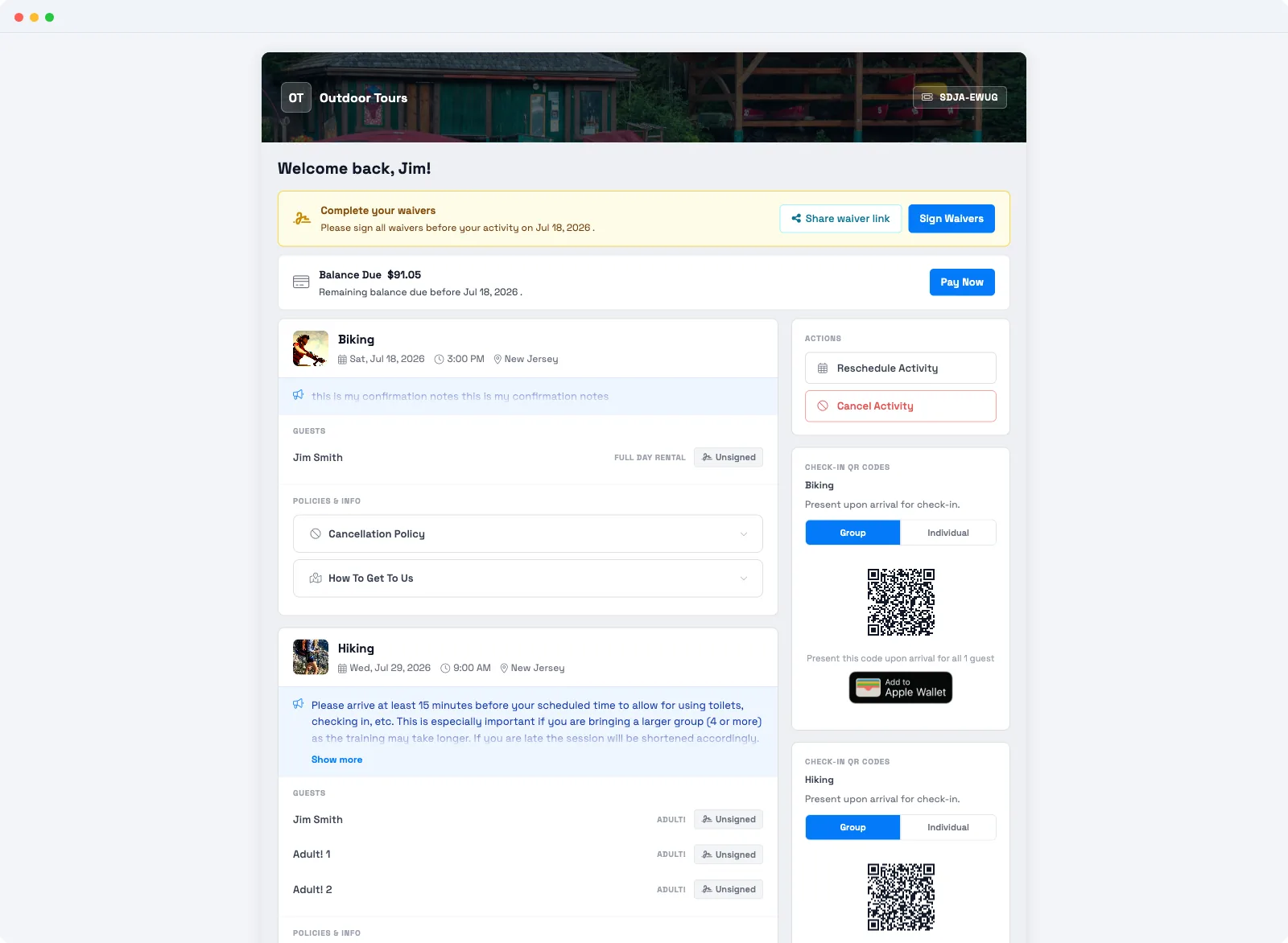 How a guest signs a waiver in TripWorks — the customer portal with a Complete your waivers prompt and a Sign Waivers button
