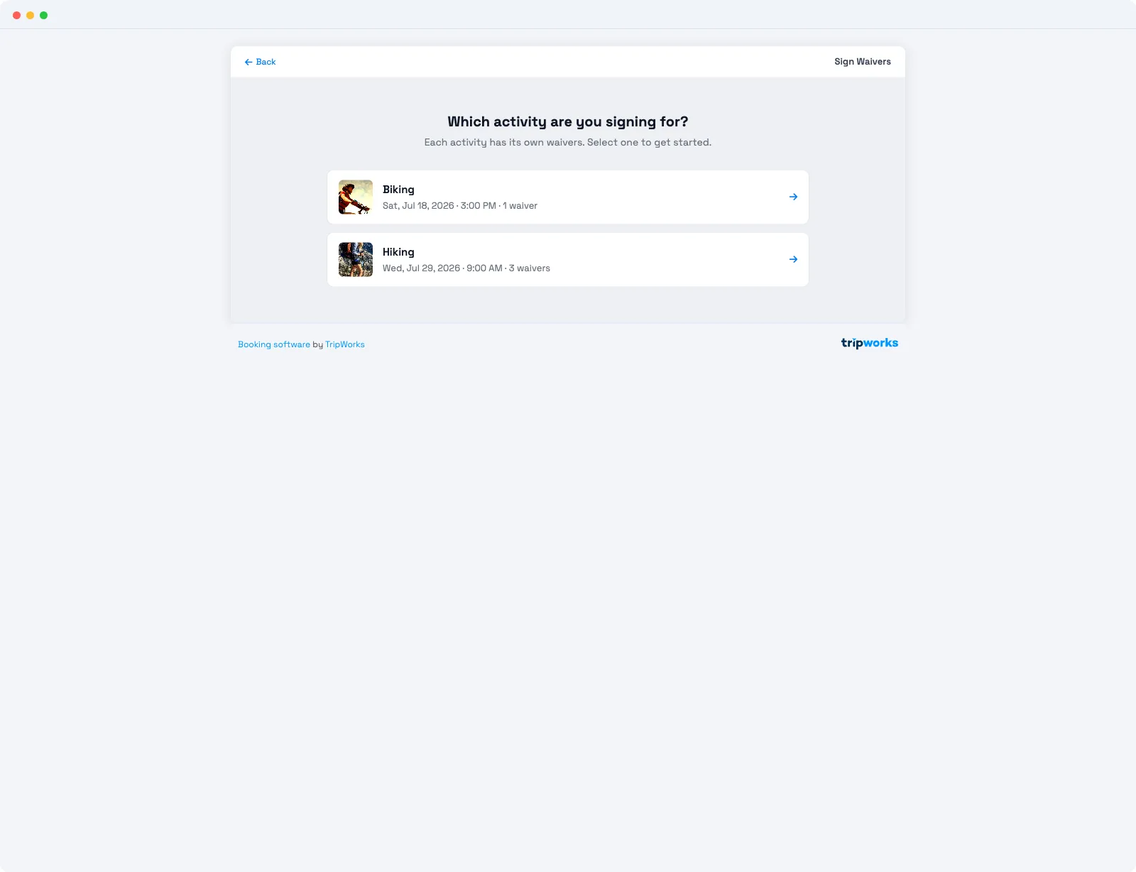 Signing a waiver per activity in TripWorks — the Sign Waivers step asking which activity to sign for, each activity showing its own waiver count
