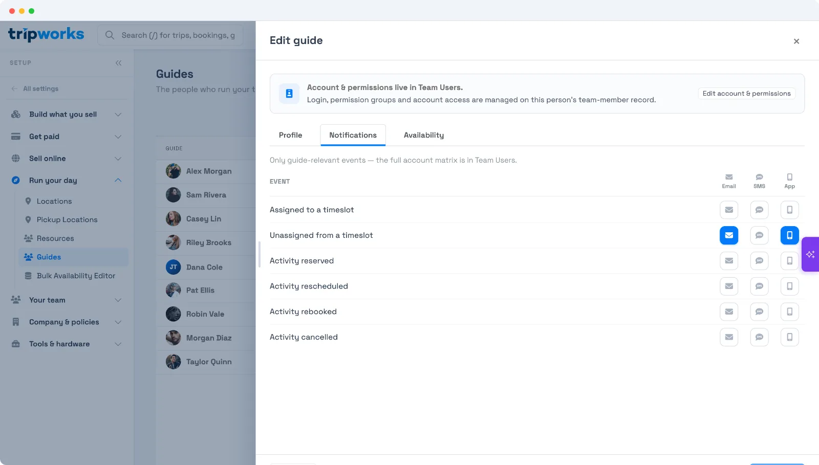 The guide Notifications tab with a matrix of events by Email, SMS, and App channels