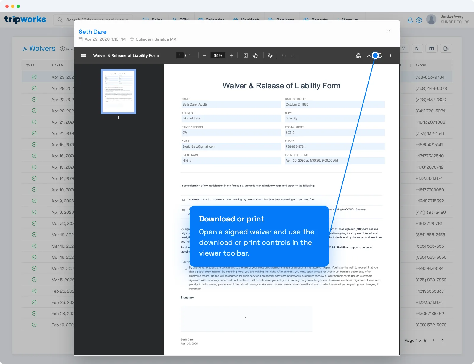 A signed waiver open in the viewer, with the download and print controls in the toolbar called out
