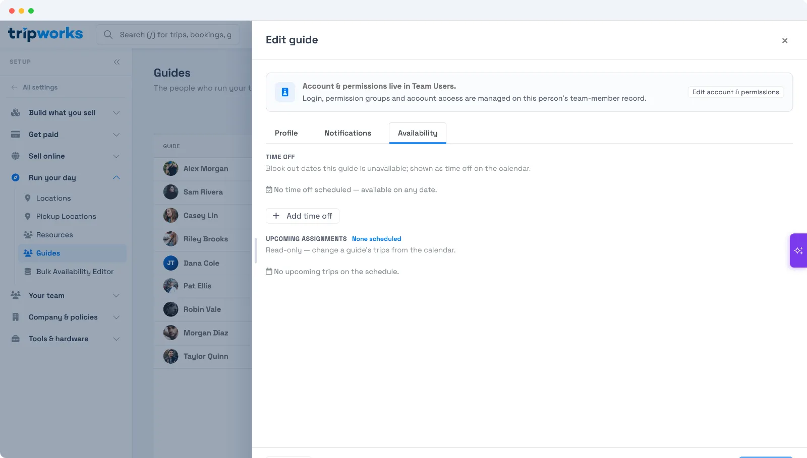 A guide's Availability tab showing time off and upcoming assignments