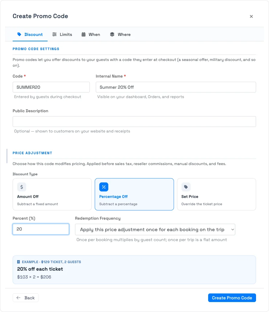 How promo code discounts are calculated in TripWorks — the Discount tab with Amount Off, Percentage Off, and Set Price and a live discount example
