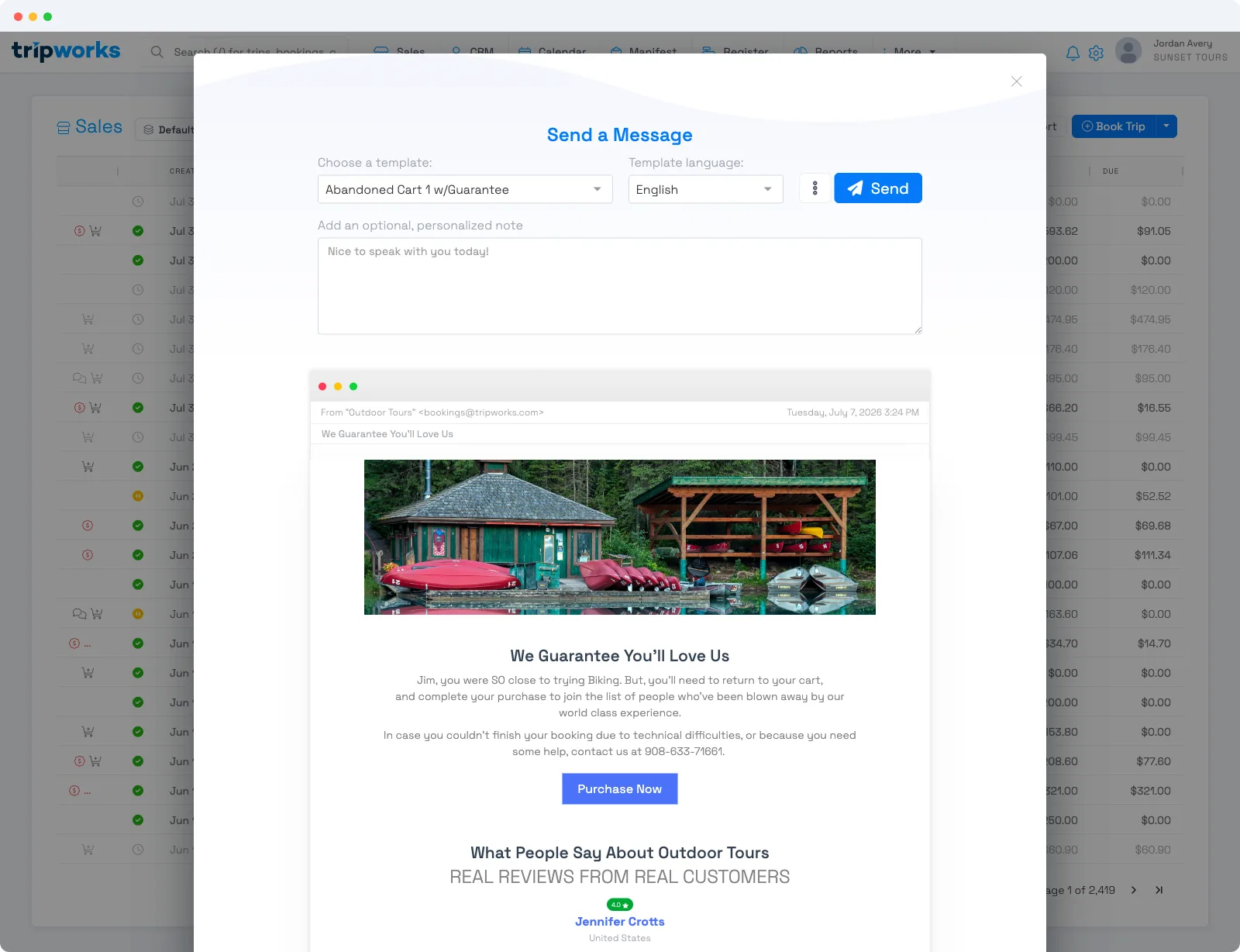 The Send a Message composer with a template picker, language, personalized note, and a live preview