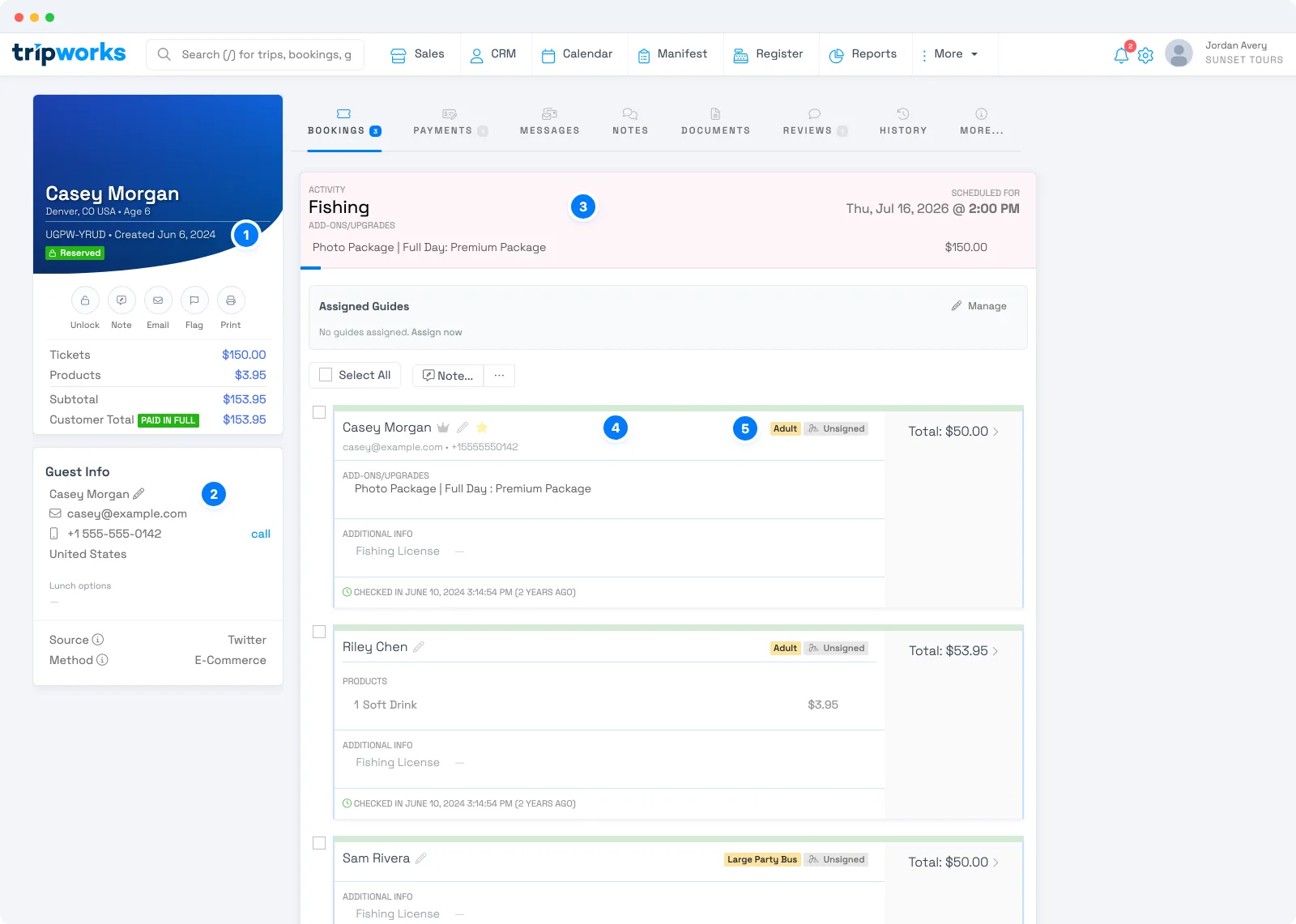 TripWorks trip page with the confirmation code and status, the guest profile, an activity section, and a list of guests with their ticket types