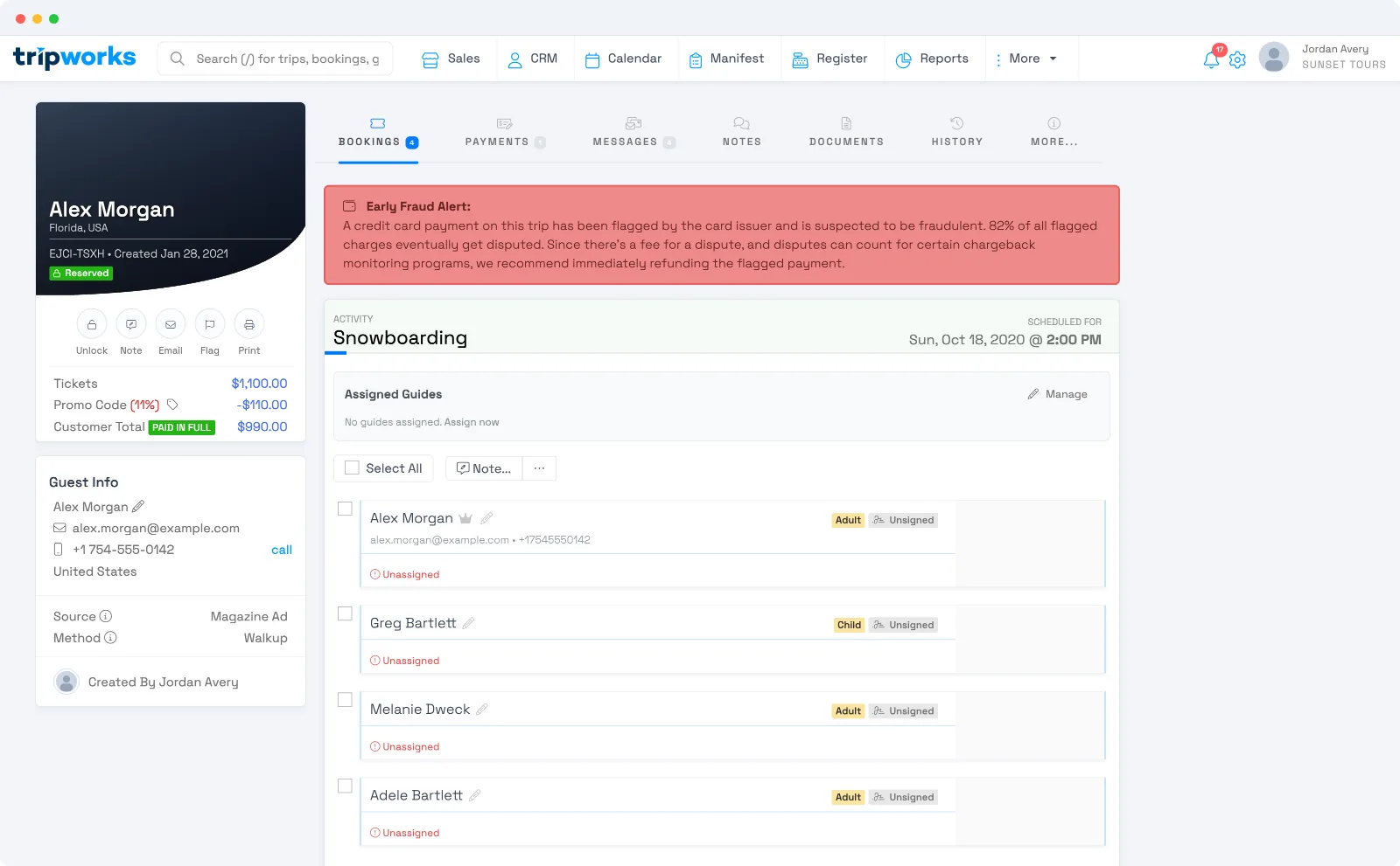 An Early Fraud Alert banner at the top of a trip in TripWorks, warning that a card payment has been flagged by the issuer as suspected fraud and recommending an immediate refund