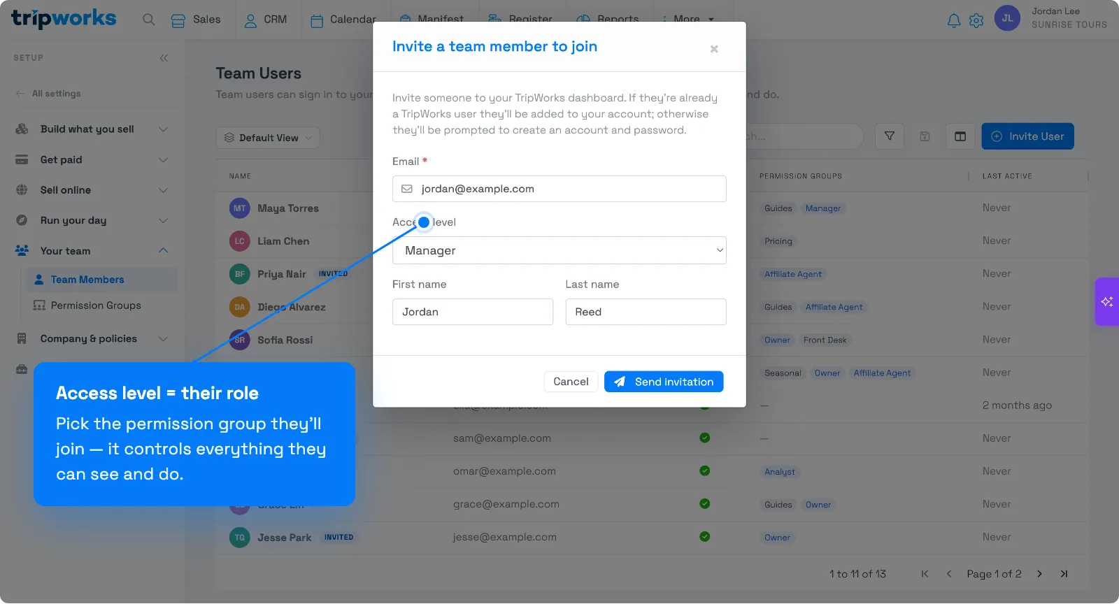 The Invite a team member dialog with fields for Email, Access level, First name, and Last name, and a Send invitation button