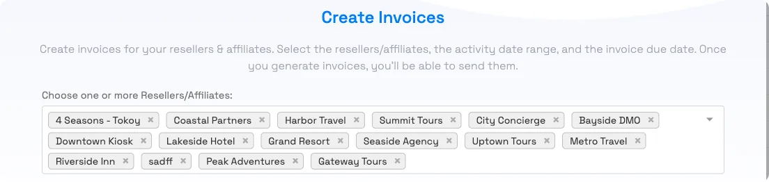 The Create Invoices window: pick resellers, then a billing period and due date