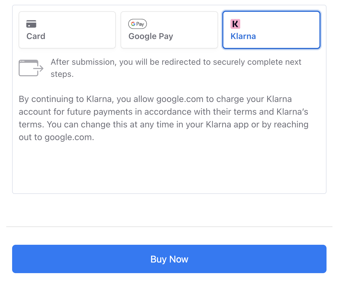 Klarna shown as a Buy Now, Pay Later option next to card payment on the TripWorks online checkout