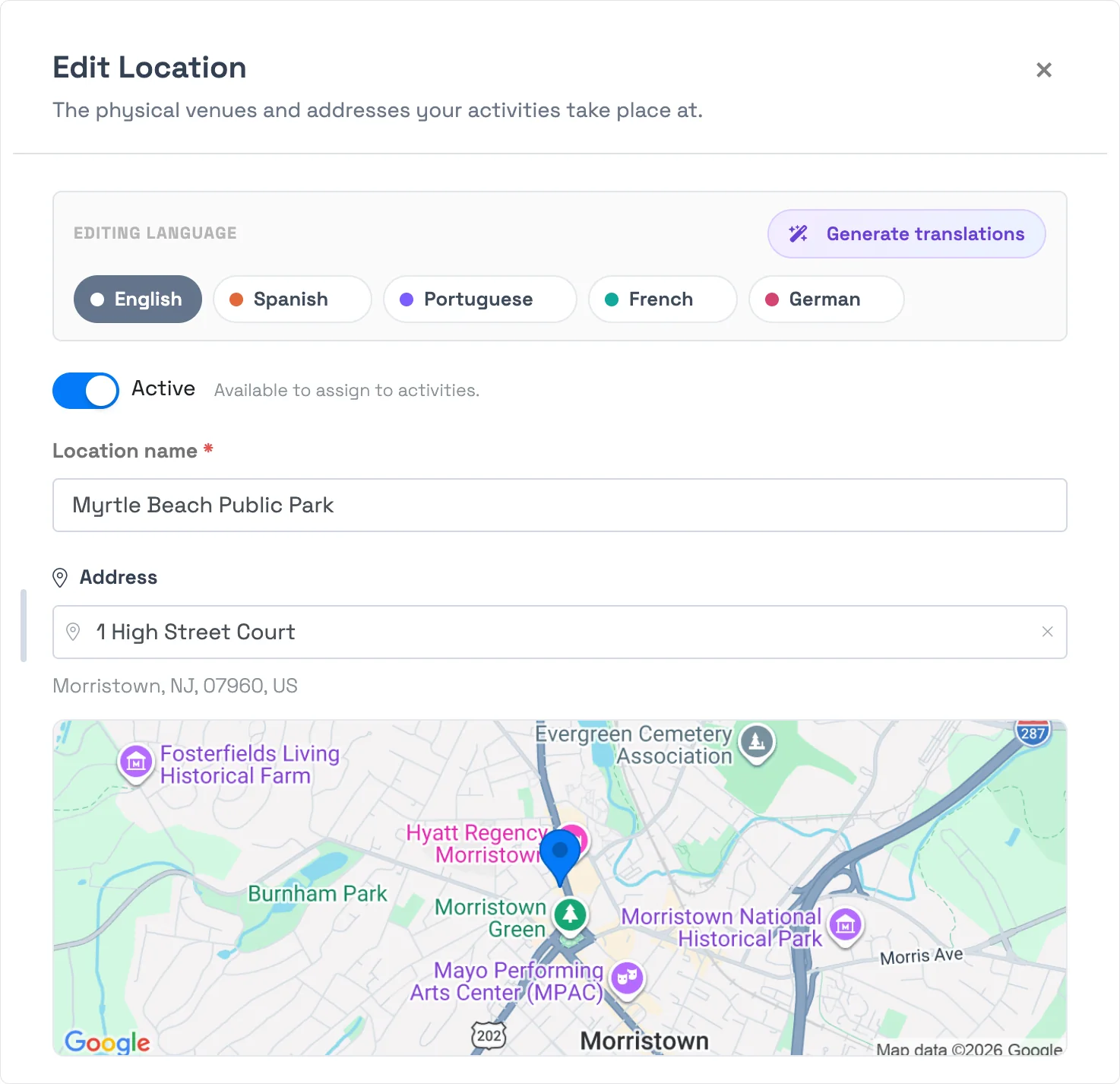 Set up a location in TripWorks — the location editor with address, Google map preview, and timezone for an activity venue