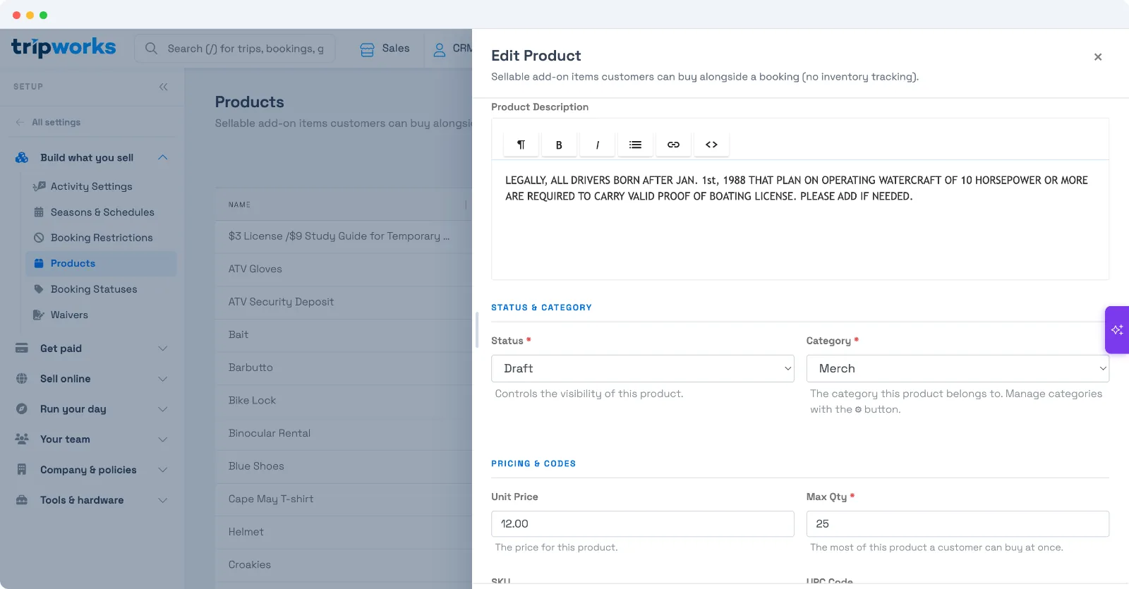 A product's Status field set among Draft, Private, Live, and Archived, with the help text 'Controls the visibility of this product'