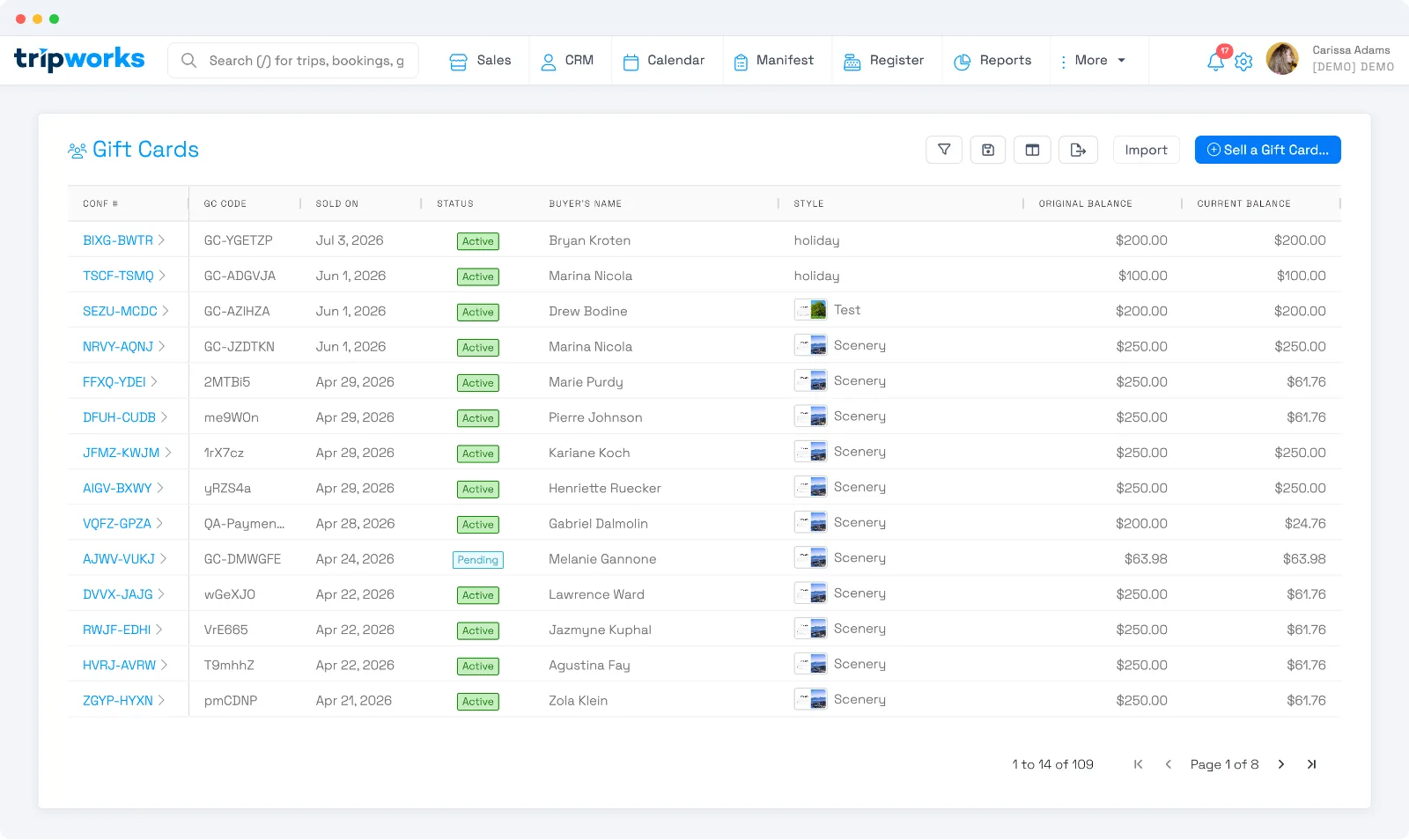 The Gift Cards list in TripWorks, showing each card's code, sold date, status, buyer, design, and original and current balance