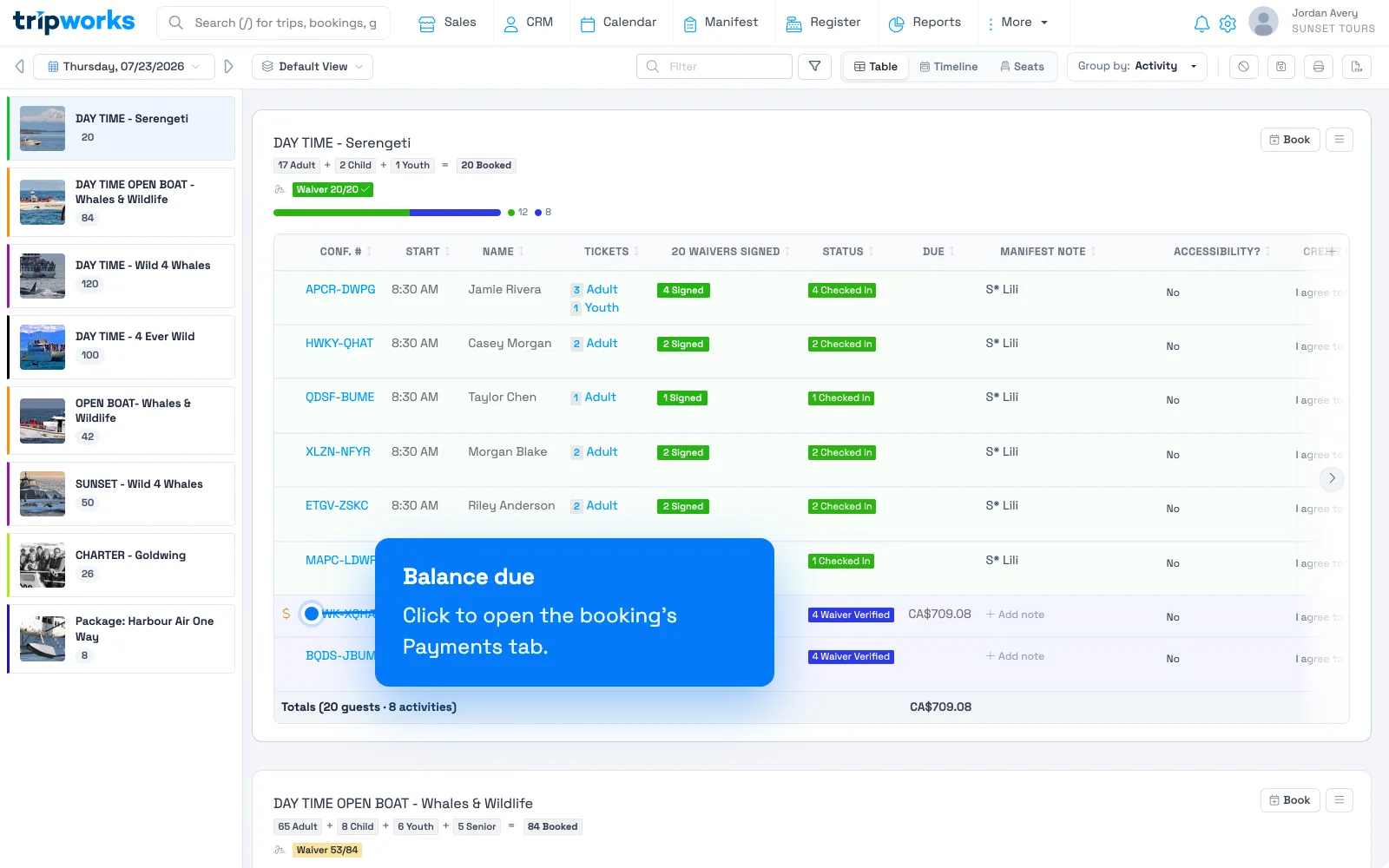 An amber dollar-sign icon next to a Manifest booking, labeled Balance due, click to open the Payments tab