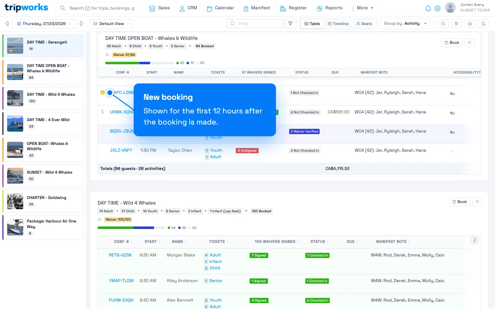 An amber lightning bolt icon next to a Manifest booking, labeled New booking, shown for the first 12 hours after the booking is made