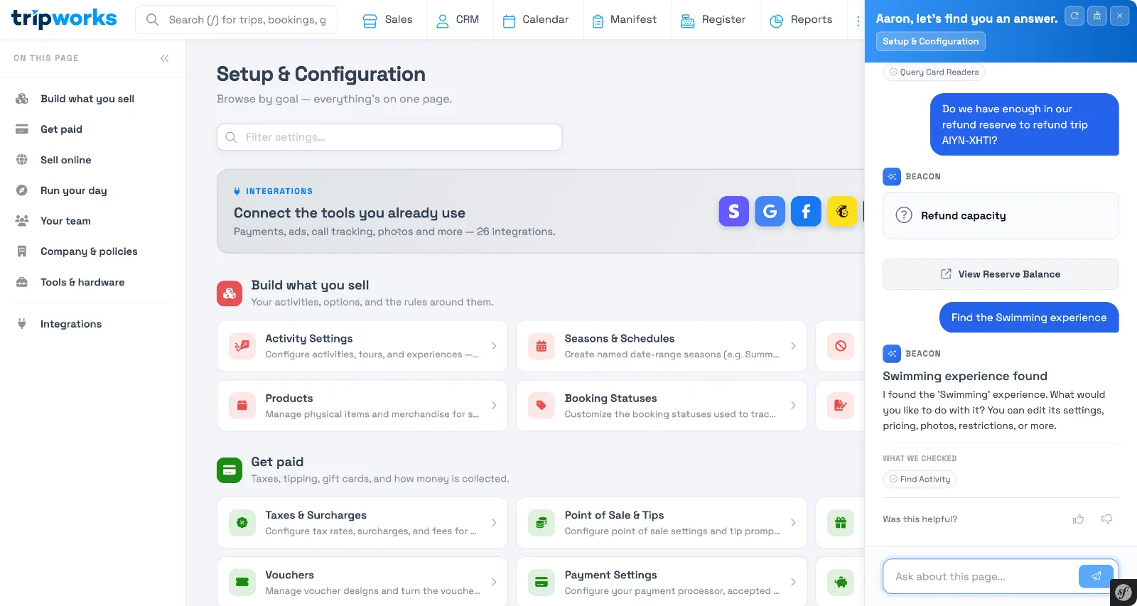 Beacon finding an experience by name and offering to edit its settings, pricing, photos, or restrictions