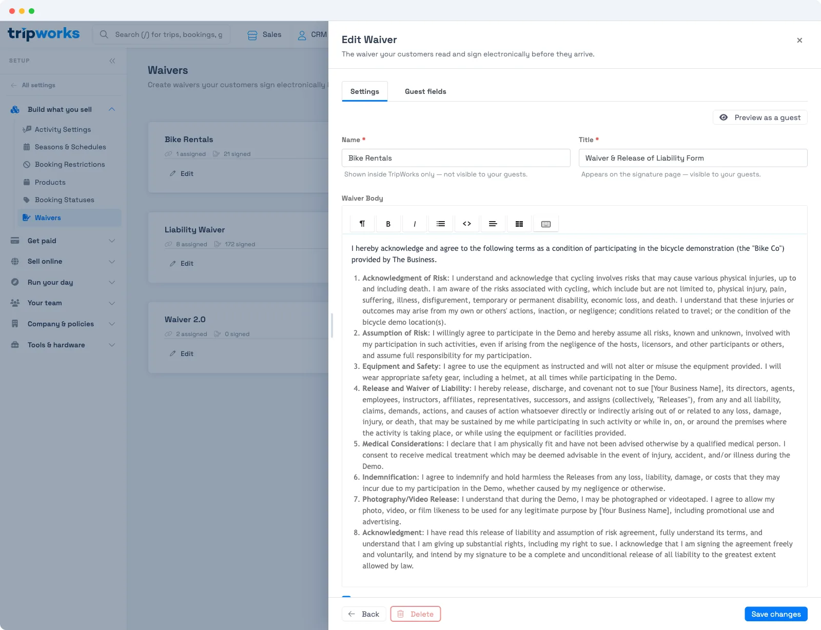 Minor and parental consent waivers in TripWorks — the waiver editor Settings tab, showing the 'Use the same waiver body for adults and minors' toggle, the Ages range, and the option to email the customer a copy