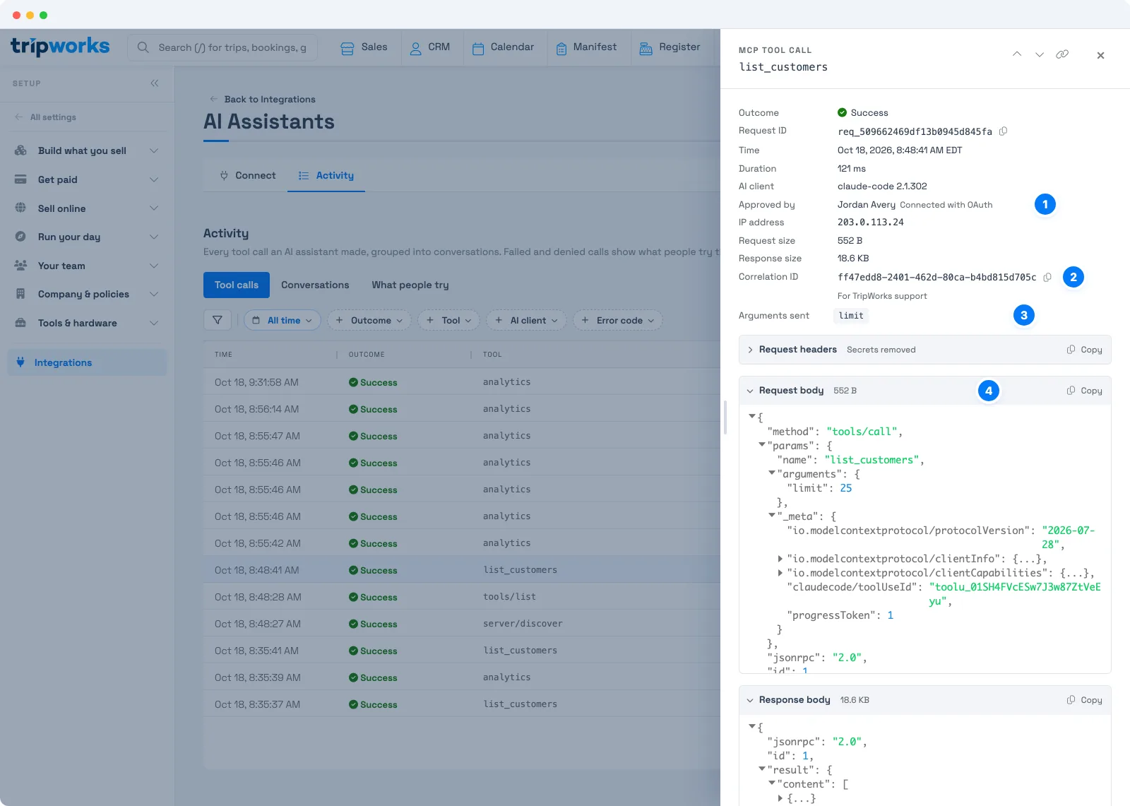 TripWorks AI assistant tool call details showing who approved the call, the correlation ID, the arguments sent, and the request body