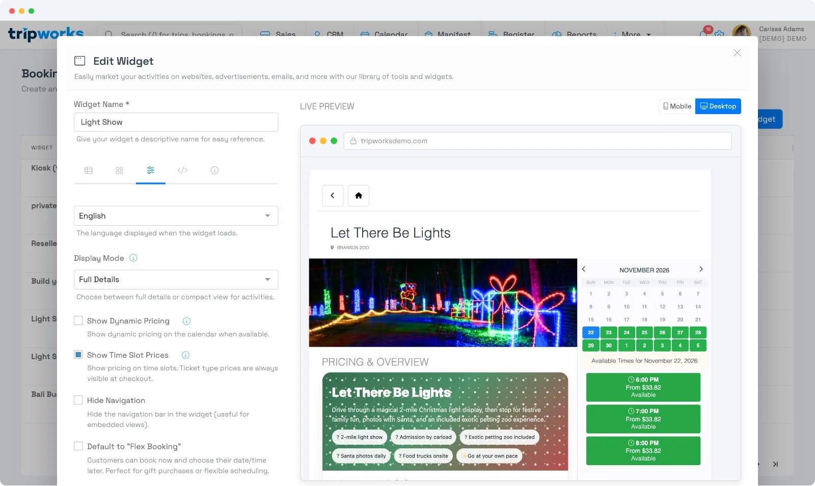 The widget builder's Advanced tab with a Language dropdown set to English and the note 'The language displayed when the widget loads'