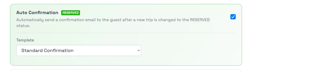 The Auto Confirmation (Reserved) setting with its template picker on the Email & SMS Automations page