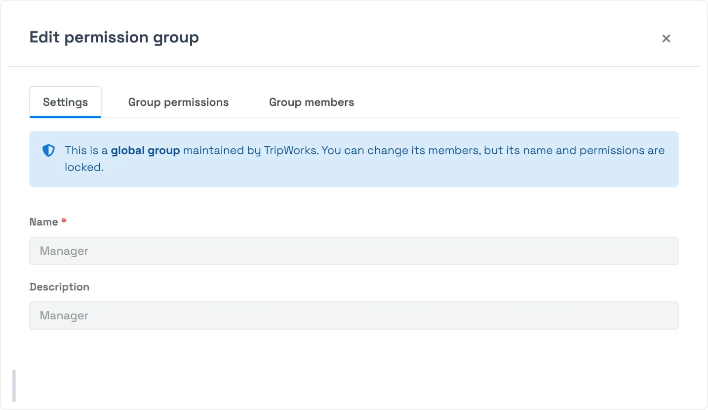 Permission groups in TripWorks — a global group's locked Settings tab (members editable; name and permissions locked)
